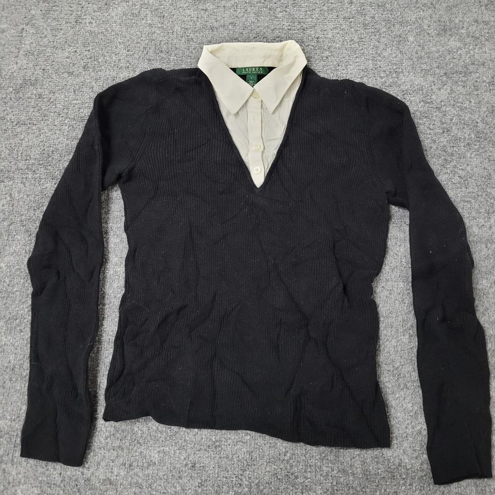 Lauren Ralph Lauren Sweater Womens Size L Black Layered Collared Ribbed Cotton